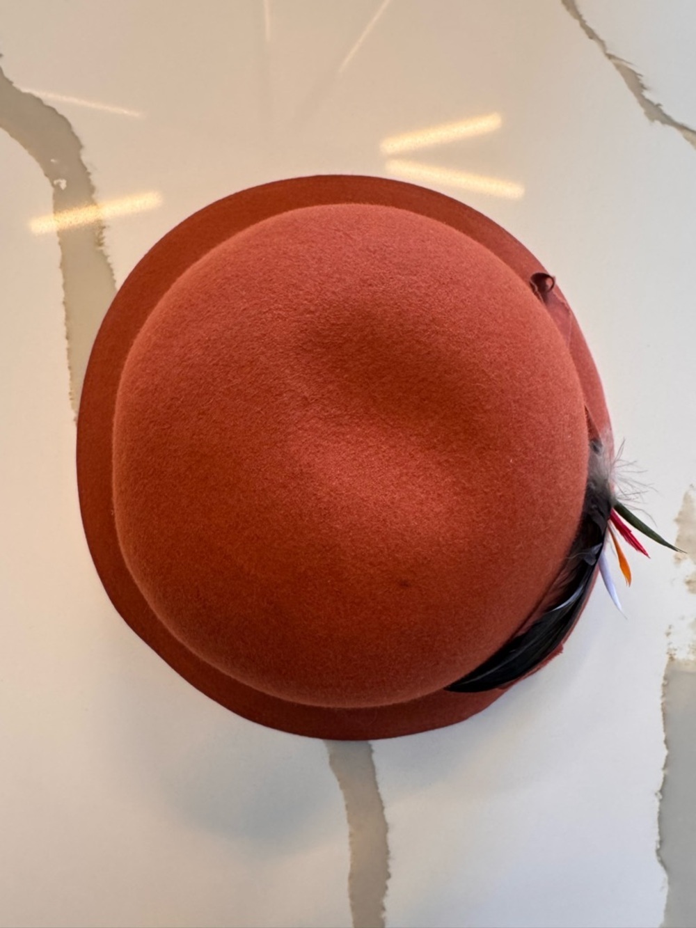 Vintage Style Wool-Feel Cloche Hat Rust Feather Detail - AS IS - Picture 9 of 12